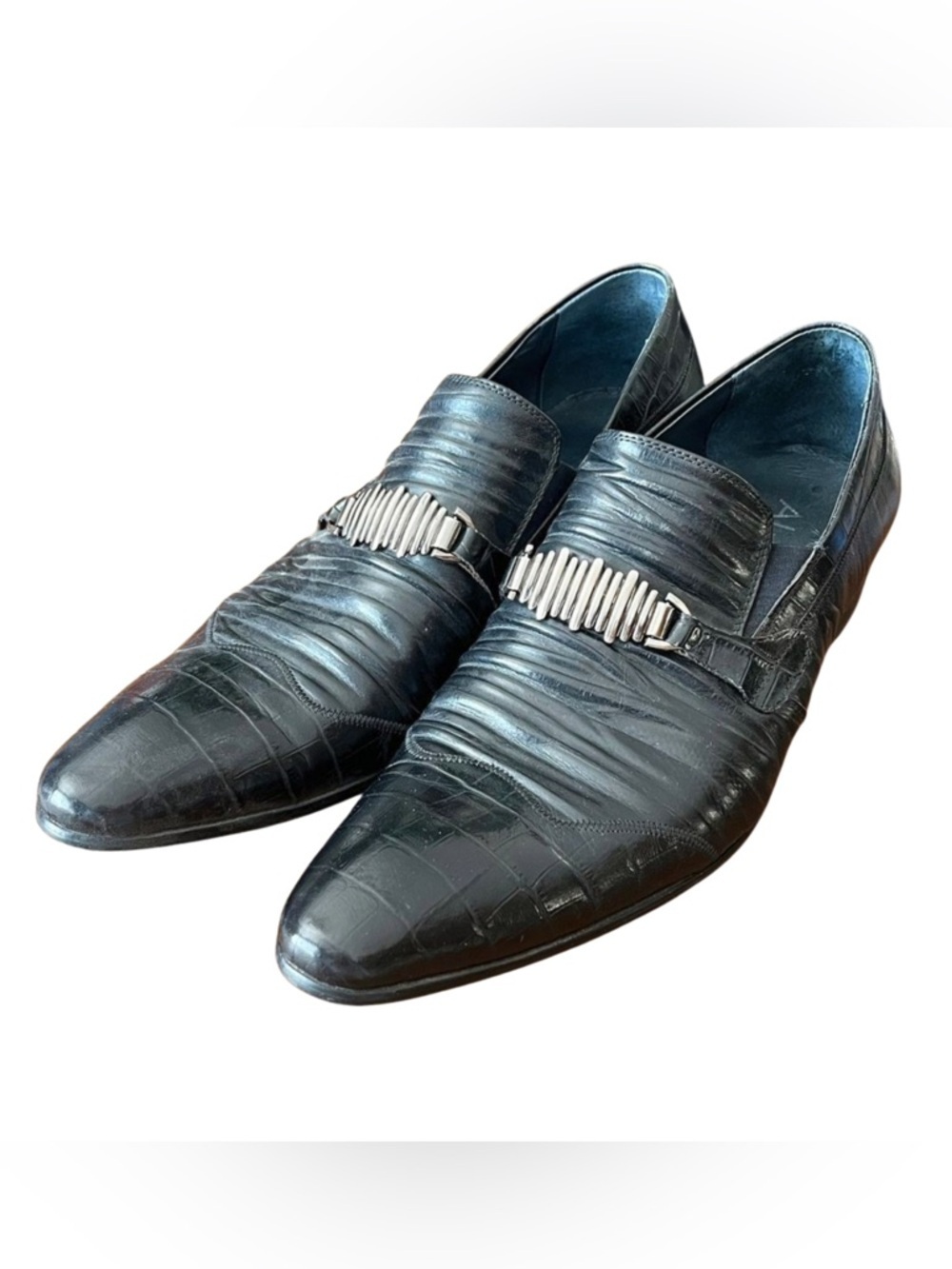 Aldo Black Croc Leather Slip-On Loafers Silver Buckle Goth pikes winkle pickers